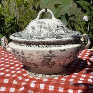 Vintage French Black and White Porcelain Tureen, Louis Lebeuf Montereau